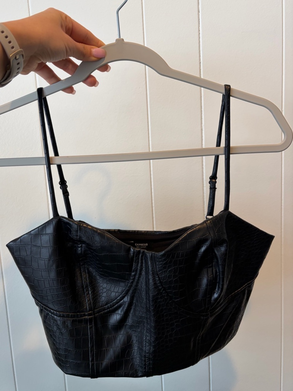 Express Black Croc-Embossed Faux Leather Crop Top